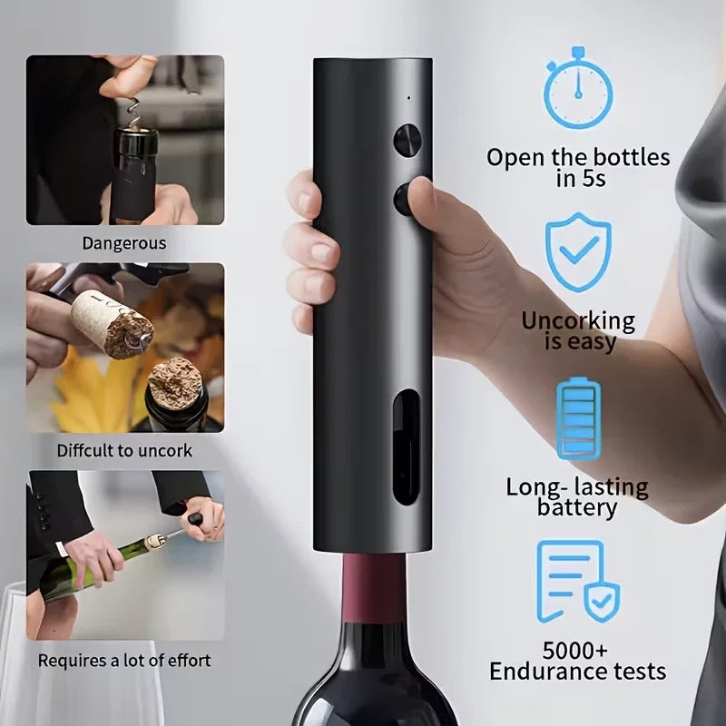 Rechargeable Electric Wine Opener with Foil Cutter, Wine Pourer & Vacuum Stopper USB-C Charging Compact Design for Home Kitchen