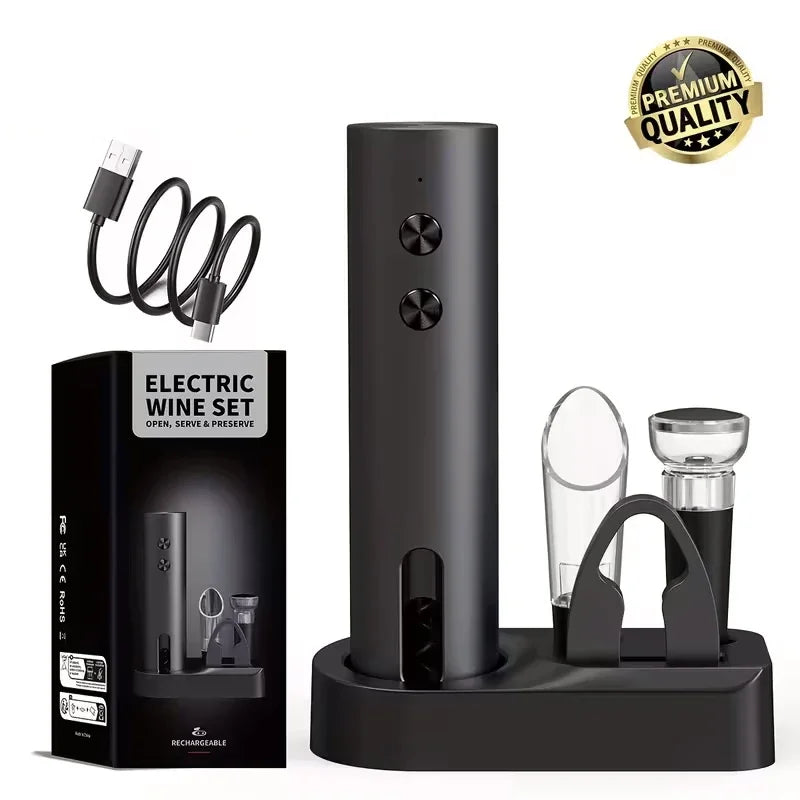 Rechargeable Electric Wine Opener with Foil Cutter, Wine Pourer & Vacuum Stopper USB-C Charging Compact Design for Home Kitchen