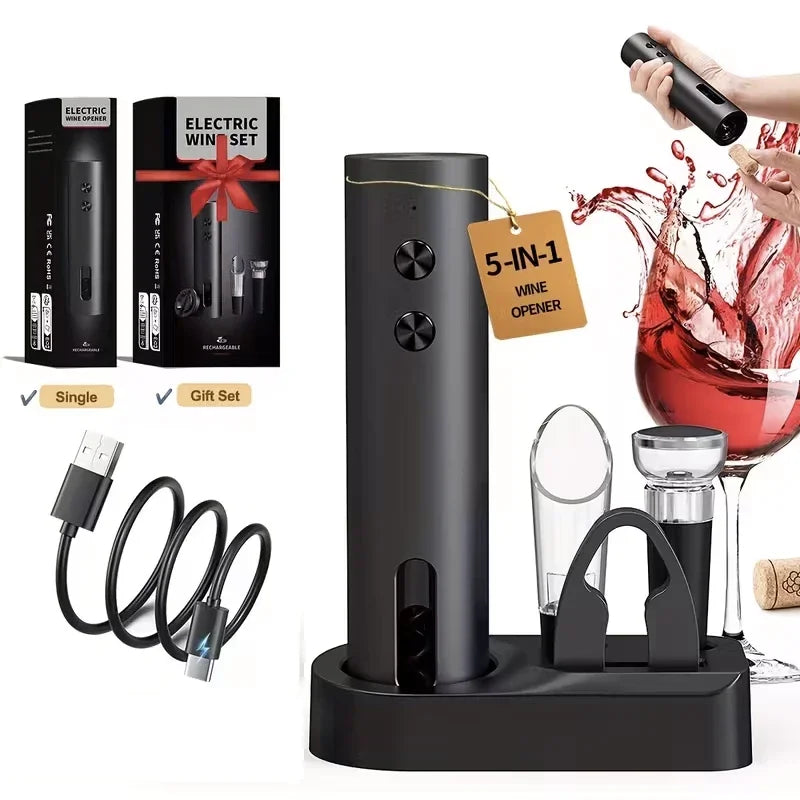 Rechargeable Electric Wine Opener with Foil Cutter, Wine Pourer & Vacuum Stopper USB-C Charging Compact Design for Home Kitchen
